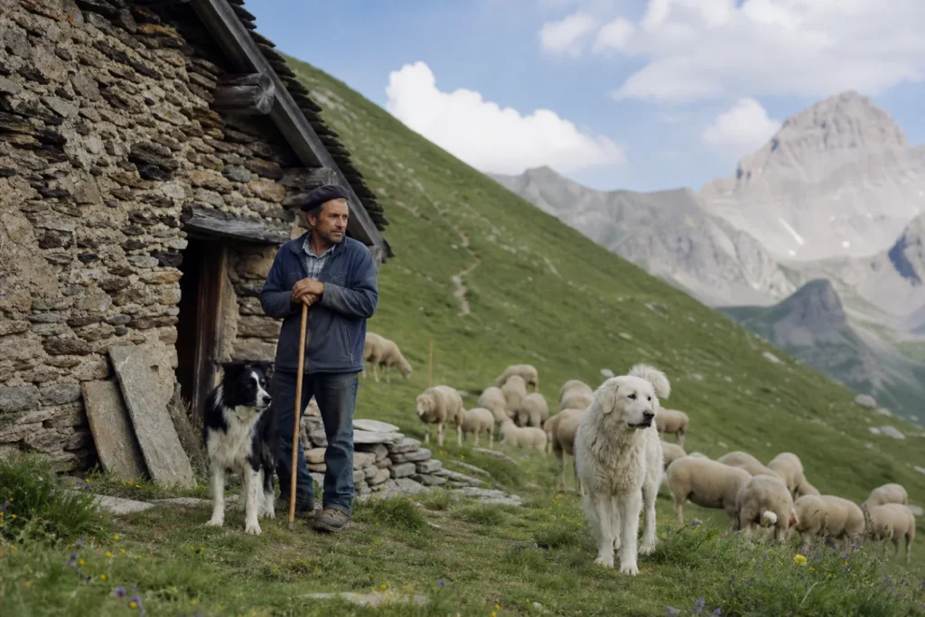 Un berger avec un chien de conduite et un patou près d'une cabane de pierre sur un alpage.