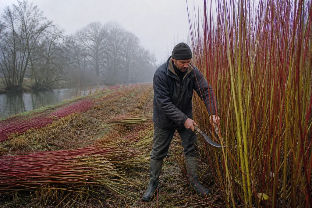 Oseraie en hiver au bord de l'Indre, tiges rouges et jaunes, un cultivateur coupant à la serpette.