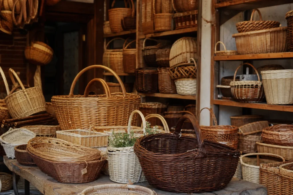 Intérieur de la boutique de la coopérative, avec des dizaines de paniers en osier sur des étagères.